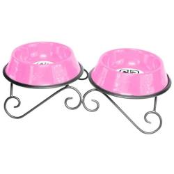 Platinum Pets 4-Cup Scroll Double Diner Stand with Two Bowls, Bubblegum Pink