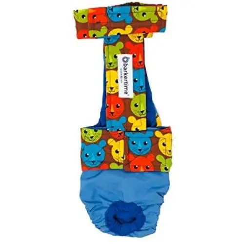 Barkertime Premium Waterproof Dog Diaper Overall - Made in USA - Happy Kitty Face on Blue Escape-Proof Waterproof Premium Dog Diaper Overall Barkertime Premium Waterproof Dog Diaper Overall - Made in USA - Happy Kitty Face on Blue Escape-Proof Waterproof Premium Dog Diaper Overall