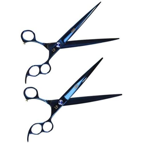 ShearsDirect Japanese 440 Stainless Steel Grooming Shear, 8.5-Inch, Straight and Curved Blue Titanium