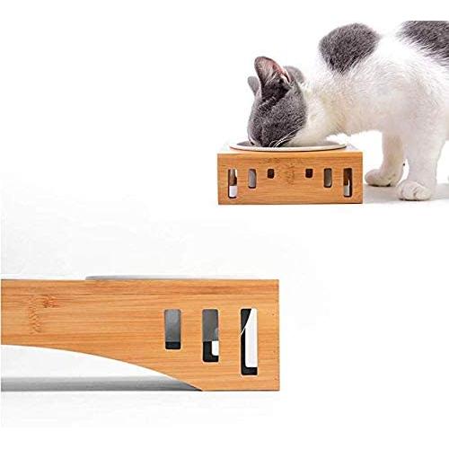 Companet Pet Raised Bowl Dog Cat Food Water Bowl Pet Dishes, Pet Feeder Pet Feeding Bowl with Detachable Raised Bamboo Stand Pet Food Feeder for Cats or Small Dogs - Cermic Bowls Double