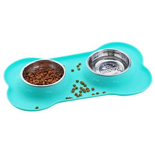 Super Design Double Bowl Pet Feeder Stainless Steel Food Water Bowls with No Spill Silicone Mat for Dogs Cats Small Light Green