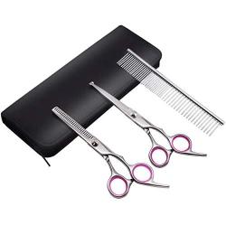 PetQoo Dog Grooming Scissors with Safety Round Tips, Heavy Duty Titanium Pet Grooming Trimmer Kit, Thinning Shears, Straight Scissors with Comb for Dogs and Cats(Pink)