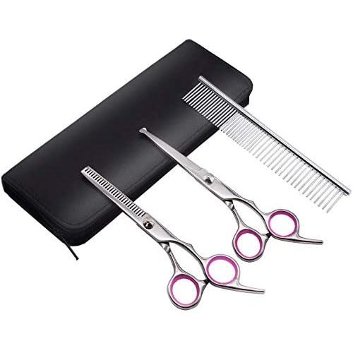 PetQoo Dog Grooming Scissors with Safety Round Tips, Heavy Duty Titanium Pet Grooming Trimmer Kit, Thinning Shears, Straight Scissors with Comb for Dogs and Cats(Pink)
