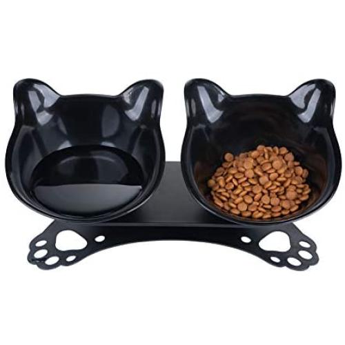 Pantula Cat Bowls Tilted cat Food Bowls Raised cat Food Bowl Pet Double 15° Slanted Plastic cat Bowls Elevated with Non-Slip Rubber Base Stand for Cats