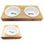 ALBOLET Cat Bowl，Elevated Bamboo Cat&Puppy Bowl, Cat&Dog Bowl with Stand，Raised Dog&Cat Feeder with Bamboo Stand， Ceramic Food Food Water Bowl for Cats and Puppy