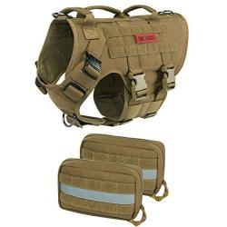 OneTigris Large Tactical Dog Harness with Saddle Bag, No Pulling Adjustable Dog Vest Harness, Metal Buckle Dog Harness with 3 Handles for Training Walking(Coyote Brown,M)
