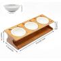 Petsoigné Cat Bowls Pet Dining Table with Raised Slope Wooden Stand Elevated Pet Bowls with Oblique Stand for More Comfortable Eating for Cats, Dogs, Kitten and Puppy (Treble Bowl, Ceramics)