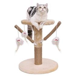 Famgizmo Cat Tree | Sisal Scratching Post | 35cm Stable Cat Tower | Dangling Toys | for Playing Relax & Sleep | Cat Furniture | Climbing Tower | Kitten Activity Centre | Beige