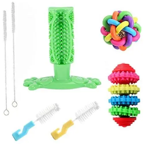 Arestle 3pcs Dog Toothbrush Chew Toys Set, Safe Pets Rubber Tooth Cleaner Stick, Bite Resistant Gear Ball Puppies Toys+ 4pcs Cleaning Brushes (Green, M)