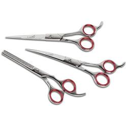 Laazar Cat and Dog Pet Grooming Scissors Kit with Leather Pouch (3-Piece Set) | Includes 7.5” Straight, 7.5” Curved and 7” Thinning Shears | Sharp Groomer Tools for Beginners and Professionals