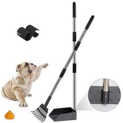 Niubya Poop Scooper for Dogs, Tray and Rake Set with Adjustable Long Handle Metal for Pet Waste Removal, 2 Pack
