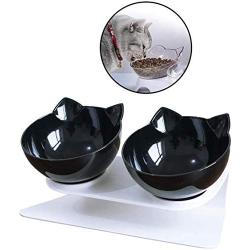 THMY Cat Bowl with Raised Stand, 15°Tilted Platform Cat Feeders Anti-Slip Transparent Cat Food and Water Bowl Detachable Pet Bowl for Cats and Small Dogs, Black