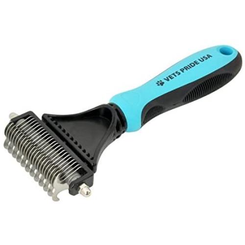 Vets Pride USA - Deshedding Brush with Double-Sided Blade - Professional Grooming Tool for Easy Detangling, Dematting, Brushing - Safe, Gentle Undercoat Rake & Comb for Medium & Long-Haired Cat & Dog