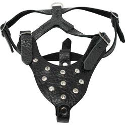 Black Genuine Leather Rhinestones Dog Harness for Small Dogs 13''-17.5'' Chest