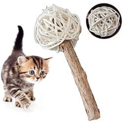 ocijf179 Cat Toy Pet Cat Kitten Wood Matatabi Bell Rattan Ball Snack Stick Molar Chewing Toy - Wood Color