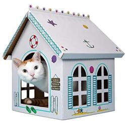 Breezy Beach Cottage - Beach Lake Vacation Playhouse for Cats, Kittens, Rabbits & Bunny. Cardboard Box House Condo Cave Furniture Bed Includes Giant Sticker Sheet for Decorating