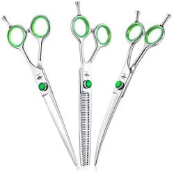 PURPLEBIRD 7 Inch Straight, Downward Curved Dog Grooming Scissors Professional Pet Cutting, Thinning Texturizing, Chunker Shears Safety Trimming Shearing for Dogs Cats Japanese Stainless Steel Silver