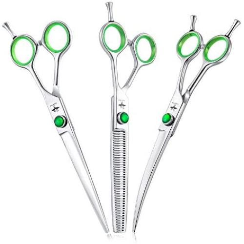 PURPLEBIRD 7 Inch Straight, Downward Curved Dog Grooming Scissors Professional Pet Cutting, Thinning Texturizing, Chunker Shears Safety Trimming Shearing for Dogs Cats Japanese Stainless Steel Silver