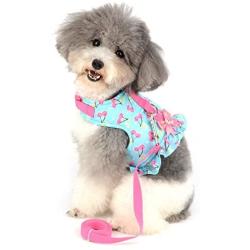 SMALLLEE_LUCKY_STORE Bow Flower Print Cat and Small Dog Harness Dress with Leash for Girls Adjustable No Pull Escape Proof Soft Walking Jacket Waterproof Puppies Kitten Harness Vest Outdoor