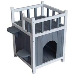 2Krmstr Outdoor Cat House with Balcony,Wooden Cat Shelter for Indoor Outdoor,Kitty Condo,Pet Home for Small Dog Cat Puppy Kitty Rabbit