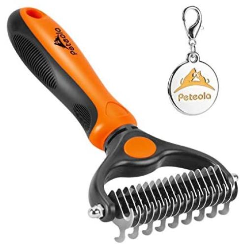 Peteola Pet Grooming Brush - 2 Sided Undercoat Rake for Cats & Dogs Comb - No More Nasty Shedding and Flying Hair - The Safe Dog Hair & Cat Hair Shedding Tool