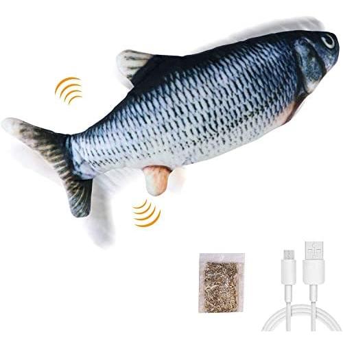 DPKISS Cat Kicker Toy Moving Fish 11'' with Realistic Tail Wagging Interactive Plush with USB Rechargeable Battery Fun Toy for Cat Exercise, Cat-Fish-Toy-Kitty-Interactive