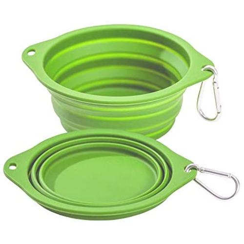 CFMOUR Collapsible Dog Bowls for Travel - 2 Pack (800ml) Portable Food Safe Silicone Foldable Water Bowl for Pets. Bonus Carabiner Clip for Hiking/Camping/Traveling, Green