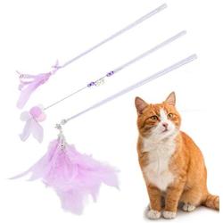 Cat Wand Toys, Feather Non‑Toxic Cat Teaser Stick, Durable Pink 3Pcs Pet Teaser Toy with Crisp Bell for Funny Cat Cat Play