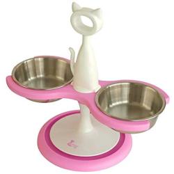 Catswall Design Raised Mutli-Cat Feeder with 2 Stainless Steel Bowls, Pretty Pink