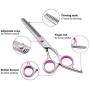 PetQoo Dog Grooming Scissors with Safety Round Tips, Heavy Duty Titanium Pet Grooming Trimmer Kit, Thinning Shears, Straight Scissors with Comb for Dogs and Cats(Pink)