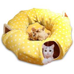 HOMEYA Cat Dog Tunnel Bed with Mat, Collapsible 3 Way Cat Tube Condo Play Toy with Peek Hole Fun Ball Indoor Outdoor Interactive Hideout Exercising House Toys for Valentine Pet Kittens Kitty Gifts