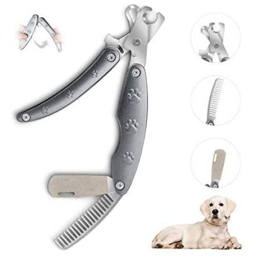 Dog Claw Clippers Pets Nail Scissors and Trimmer Foldable Painless Paws Grooming & Smoothing Tools Safety Guard to Avoid Over-Cutting Nails & Nail File & Hair Removal Brush for Small Large Animals