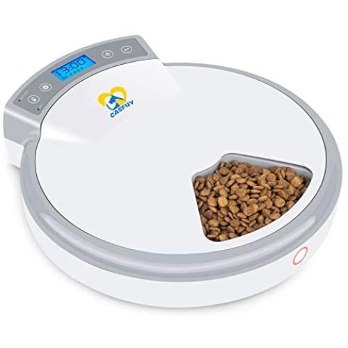 Casfuy 5-meals Automatic Cat Feeder - Auto Pet Feeder with Programmable Timer Dry and Wet Food Dispenser Voice Recorder & Speaker for Cat and Small Medium Dog Portion Control Dual Power Supply 5x240ml