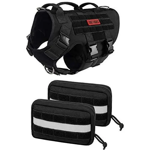 OneTigris Large Tactical Dog Harness, No Pull Adjustable Dog Harness with 3 Handles/Backpack Pouch,Service Dog Vest for Training Walking Hiking(Black,L)