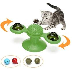 ZUDZUW Cat Toy Turntable Windmill Spinner Stubborn Interactive Chew Toy with Led Catnip Ball Color Bells Random Funny Kitten Toys Cats Hair Brush Scratching Tickle Toy with Suction Cup