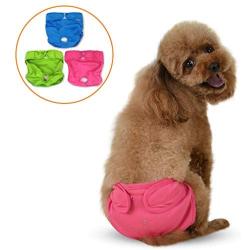 SunGrow Thick Washable Dog Diapers, Fits 9-15 Inches Waist, Red, Green and Blue Color, Reusable, Soft Fabric Dry Easily, Elastic Waist, Easy to Use Touch Fastener, 3 Pieces