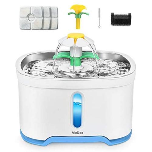 VinDox Cat Water Fountain, 84oz/2.5L Pet Water Fountain Stainless Steel for Cat and Dog,Auto Power Off Pump, Pet Fountain with 3 Replacement Filters & 1 Brush, Water Level Window with LED Light