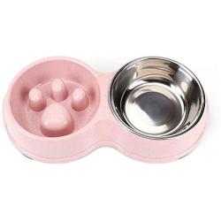 Tineer Double Pet Dog Slow Feeder Bowl,Stainless Steel Anti-choke Puppy Food and Water Feeder for Dog Cats