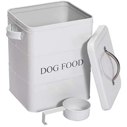 Morezi Pet Treat and Food Storage Tin with Lid and Scoop - White Vintage Farmhouse - Carbon Steel - Tight Fitting Lids - Storage Canister Tins Morezi Pet Treat and Food Storage Tin with Lid and Scoop - White Vintage Farmhouse - Carbon Steel - Tight Fitting Lids - Storage Canister Tins