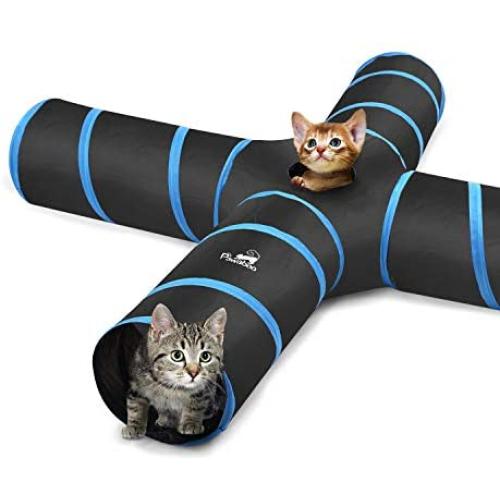 Pawaboo Cat Toys, Cat Tunnel Tube 4 Way Tunnels Extensible Collapsible Cat Play Tent Interactive Toy Maze Cat House with Balls and Bells for Cat Kitten Kitty Rabbit Small Animal, Black & Light Blue