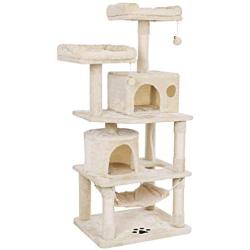 BEWISHOME Cat Tree with Sisal Scratching Posts, 2 Condos, Plush Perches, Jingly Balls and Hammock, Cat Condo Tower Furniture Kitty Kitten Activity Center Pet Play House Beige MMJ01M