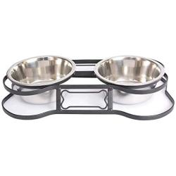 Iconic Pet Dog or Cat Stainless Steel Double Diner Elevated Bowl Set with Heavy Duty Bone Shaped Rim