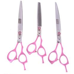 ShearsDirect 40 3 Tooth Blender Shear Set, Includes 8.0-Inch Straight, 8.0-Inch Curved and 7.0-Inch with Pink Rubber Handle for Added Comfort