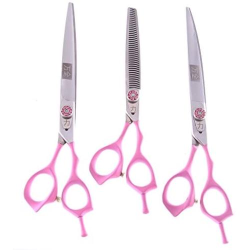 ShearsDirect 40 3 Tooth Blender Shear Set, Includes 8.0-Inch Straight, 8.0-Inch Curved and 7.0-Inch with Pink Rubber Handle for Added Comfort