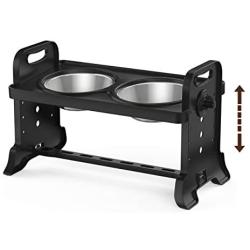 Lewondr Raised Pet Bowls for Dogs and Cats 4 Adjustable Height Stainless Steel Food and Water Bowls Pet Dish with Double Bowls Detachable Elevated Feeder Dishwasher Safe - Black