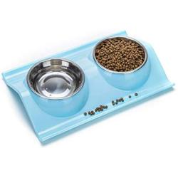 Suhaco Double Dog Bowl Cat Food Bowls Raised Pet Anti-Spill Stainless Steel Water Feeder for Dogs & Cats (Blue)