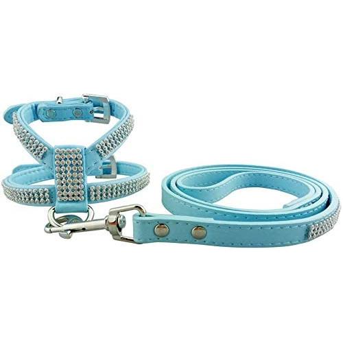 PETCARE Sparkly Rhinestone Bling Dog Harness Leash Set Soft Leather Shining Diamonds Pet Collar Harness Vest for Puppy Small Dogs Cats
