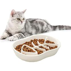 Ceramic Slow Feeder Cat Dog Bowls - Unique Fishbone Fun Interactive Design Feeder Bowl,Preventing Pet Feeder Anti Gulping Healthy Eating Diet Pet Bowls Against Bloat,Indigestion and Obesity (White)