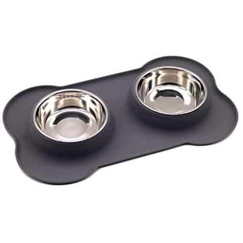 N/E M&J Bone-Shaped Dog Bowl Stainless Steel Dog Bowl, 2 Medium-Sized Bowls (13.3 Ounces Each) Leak-Free, Non-Slip Silicone pad, Used for Small Dogs, Pets, Cats Feeding Bowls
