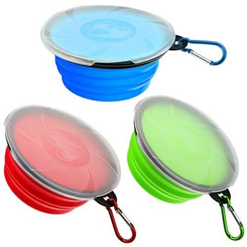 Collapsible Dog Bowl, 3 Pack Portable Pet Cat Feeding Watering Dish with Lids, Expandable Pet Feeding Watering Cup Dish for Walking, Kennels & Camping